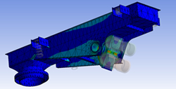 振動輸送機の有限要素解析（FEA）結果を示す3Dモデル（下側アングル）